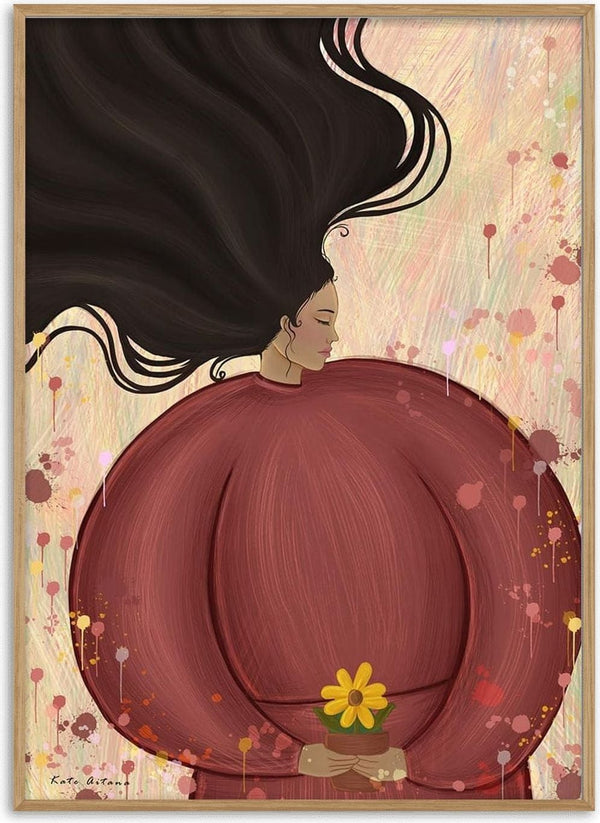 Illustration of a woman in a flowing red dress holding a yellow flower, art by Kate Aitana for Where the Flower Goes.