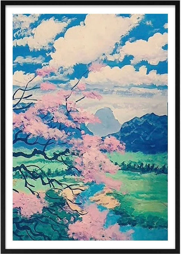 Where Whispers Meet the Monolith by Bibi - pink cherry blossom against a blue mountain and sky