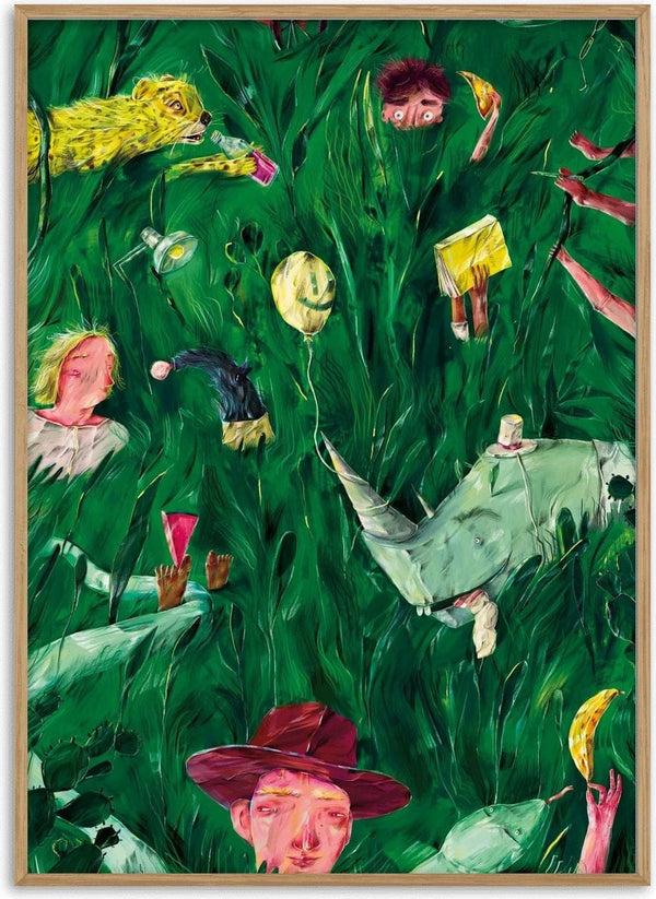 Whimsical Jungle World by Natascha Baumgärtner – cheetah, rhino and hidden faces peeking from tall green grass