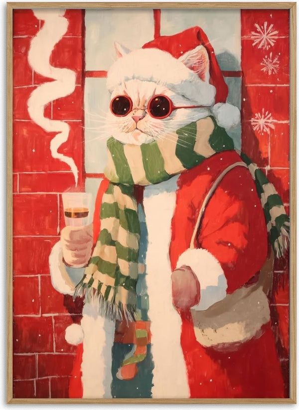 White cat dressed as Santa Claus with sunglasses, green scarf, and holding a steaming cup in a snowy setting.