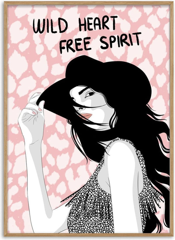 Wild heart, free spirit by Lisen Vennesland - a woman in a wide black hat on a pink leopard print