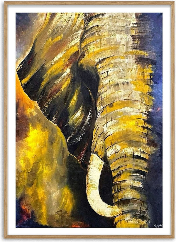 Wild Life 1 by Gayathri Samaranayake - an elephant head and trunk in gold and ochre on deep blue