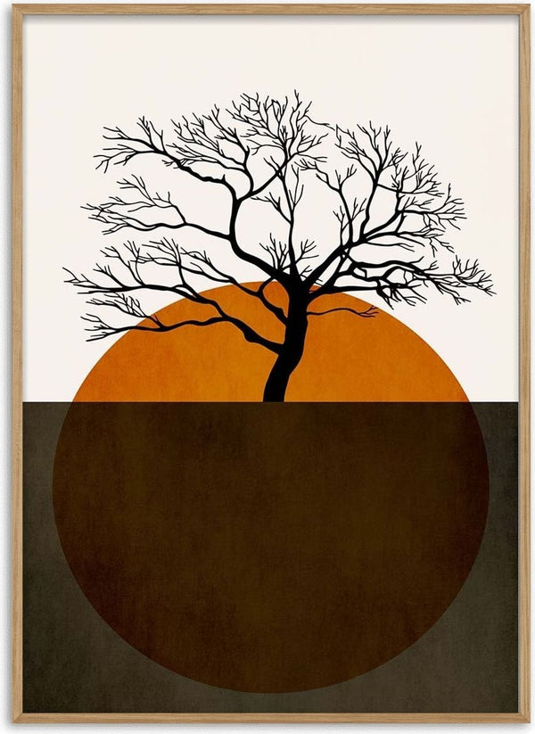 Minimalist artwork of a bare tree with branches, set against an orange and brown circular background.