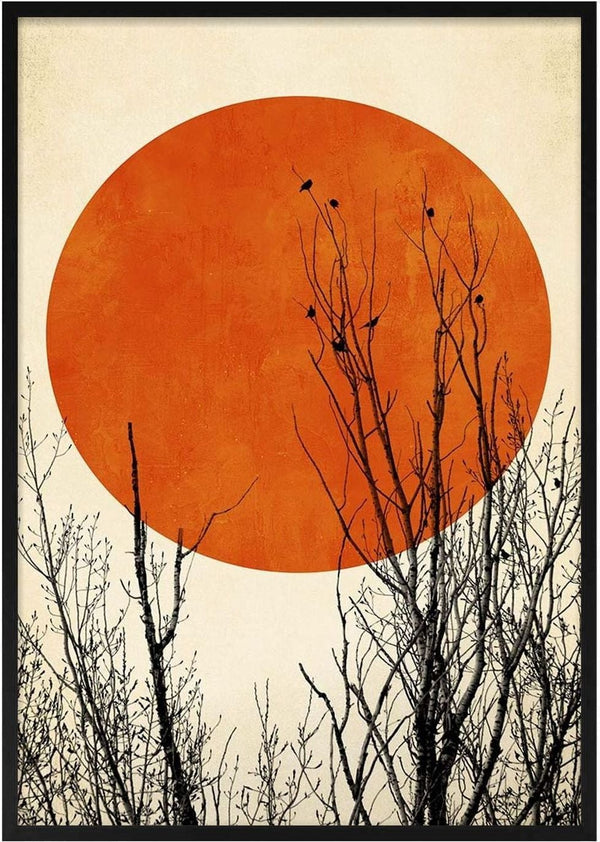 Minimalist art print "Winter Glow" by Boris Draschoff featuring bare branches against a large orange sun.