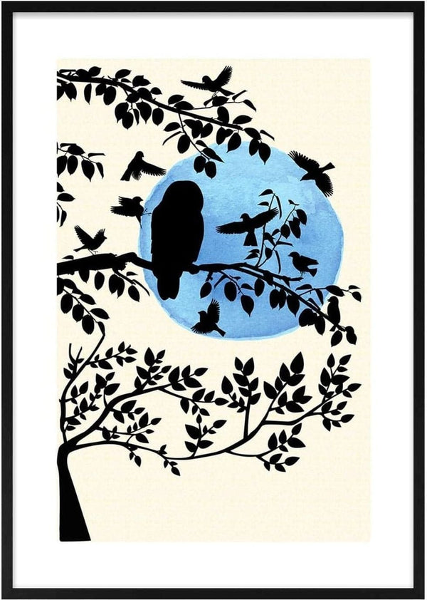 Silhouette of birds on tree branches against a blue moon, featured in the Wintermorning and birds poster.