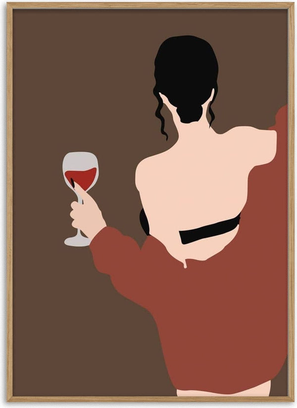 Minimalist illustration of a woman holding a glass of red wine, wearing a brown jacket and black bra.