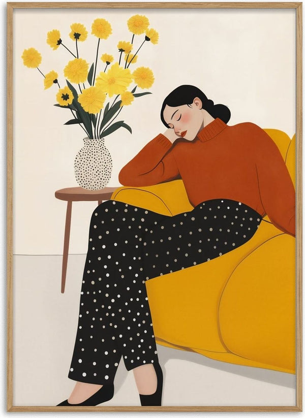 Woman in red by Annika Persson - a woman in rust red resting in a mustard yellow armchair beside yellow flowers