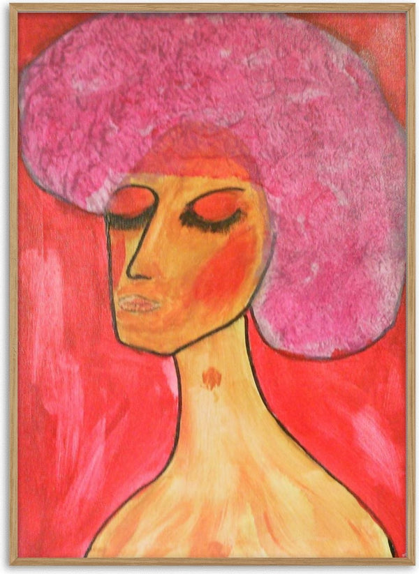 woman with a birthmark by Ian Frederick Harris - a woman with wide pink hair on flat coral