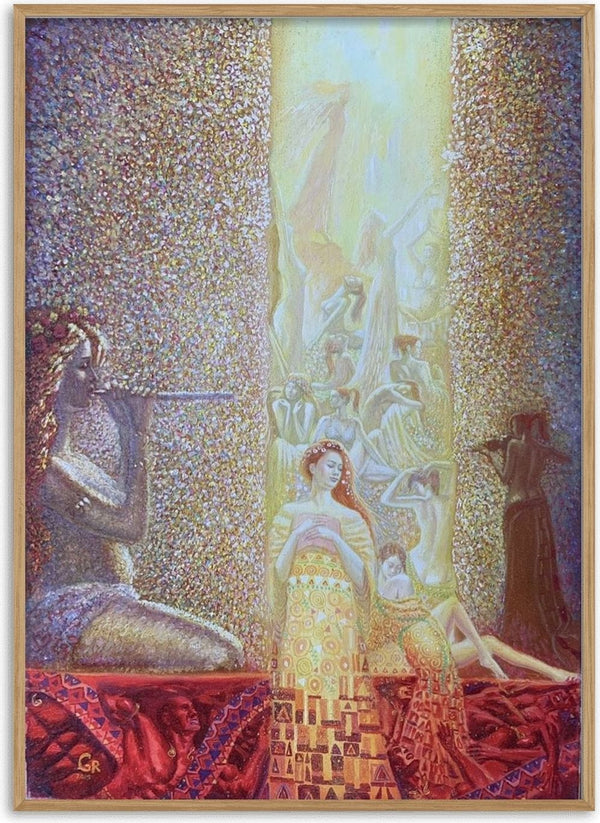 Women and Men by Ramz Gadzh - figures around a column of gold light in small points of colour