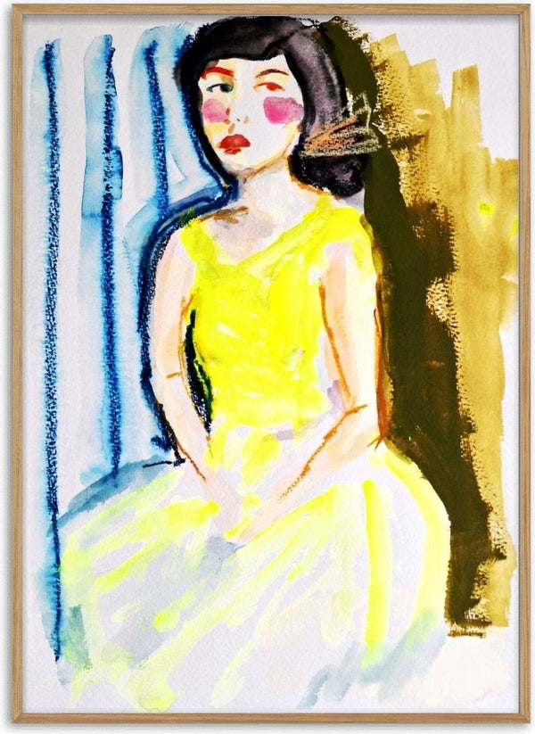 Yellow Dress by DNF - a seated woman in a bright yellow dress