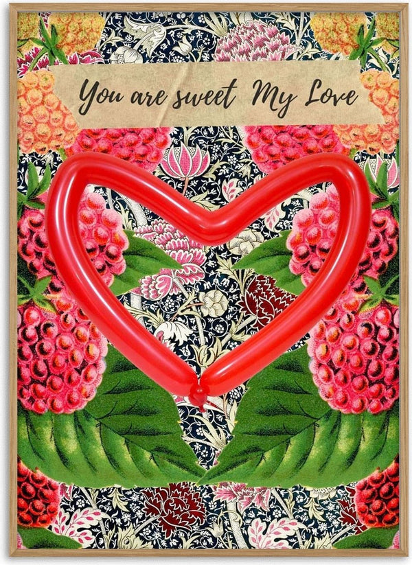 Romantic collage poster with a red balloon heart on a dense Victorian floral pattern and the words You are sweet My Love.