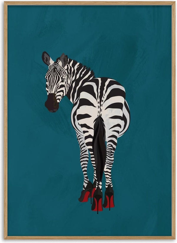 Illustration of a zebra wearing red high heels, set against a teal background.