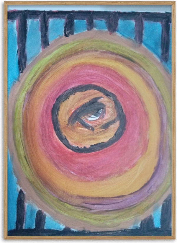 Zeebodem by Mizo - a single eye at the centre of concentric rings in ochre, rose and olive on turquoise