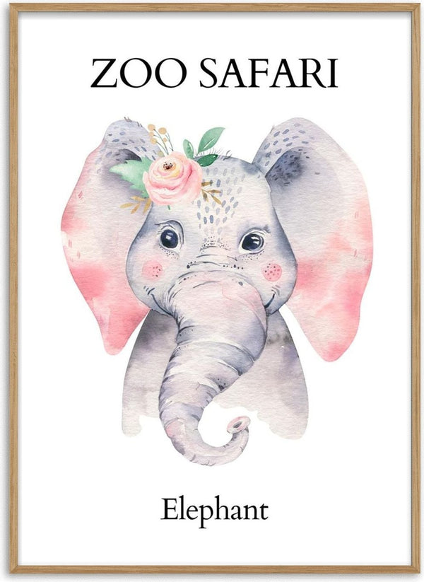 Watercolor illustration of a cute elephant with pink ears and a flower crown, labeled "Zoo Safari - Elephant Plakat".