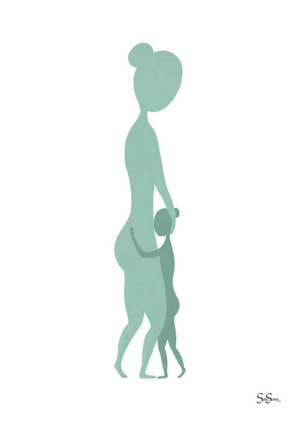 Minimalist art print of a parent and child in green hues, featured on a Sara Sonne - Home Kunstposter product page.