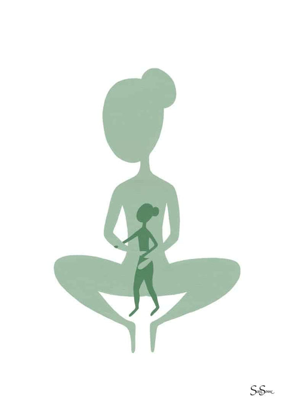 Minimalist poster art of a large seated figure holding a smaller human silhouette, by Sara Sonne.