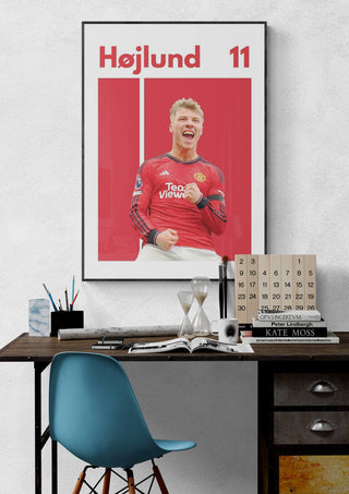 Rasmus Højlund Football Poster featuring him in a Manchester United kit with his name and number 11.