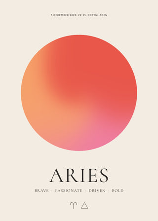 Aries zodiac aura poster – a glowing Aries aura with date, time and place, traits and the Aries symbol on a cream background