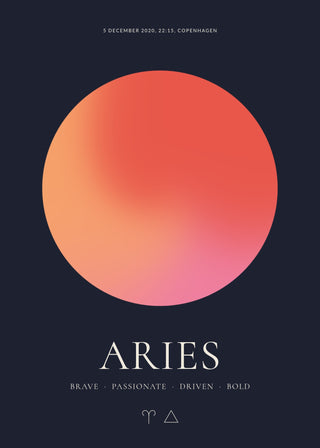 Aries zodiac aura poster – a glowing Aries aura with date, time and place, traits and the Aries symbol on a dark night background