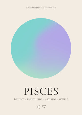 Pisces zodiac aura poster – a glowing Pisces aura with date, time and place, traits and the Pisces symbol on a cream background