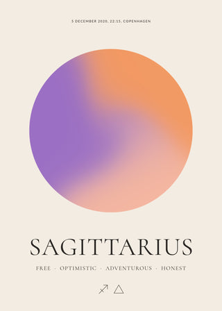 Sagittarius zodiac aura poster – a glowing Sagittarius aura with date, time and place, traits and the Sagittarius symbol on a cream background