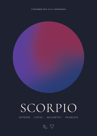 Scorpio zodiac aura poster – a glowing Scorpio aura with date, time and place, traits and the Scorpio symbol on a dark night background