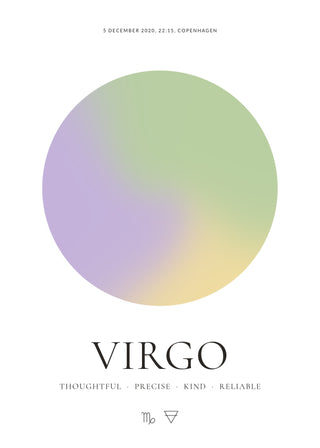 Virgo zodiac aura poster – a glowing Virgo aura with date, time and place, traits and the Virgo symbol on a white background